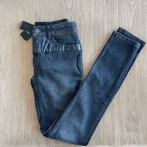 MAJE Slim Leg Jeans Faux Leather Accent Black NWT Size FR US 2/4 Designer Luxe